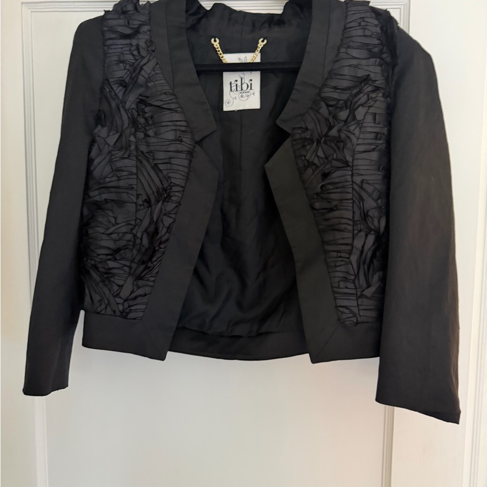 Tibi Black Ruffle-Detail Open-Front Cropped Blazer